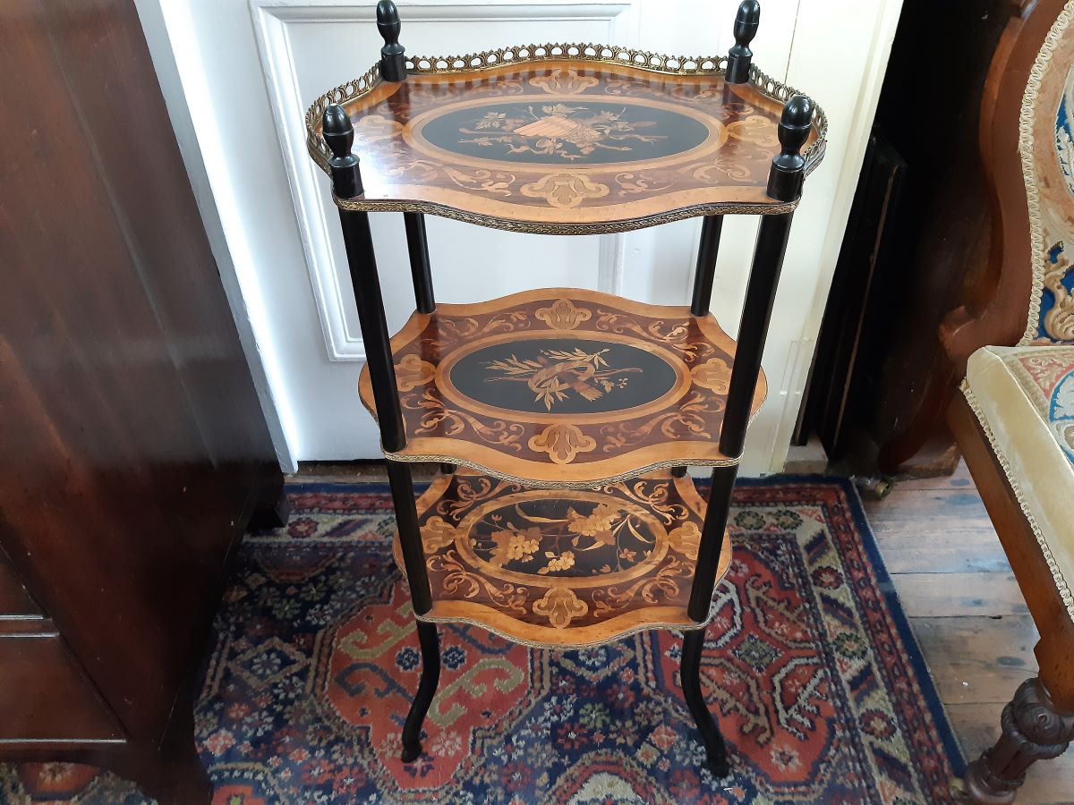 Victorian 3 tier whatnot inlaid with musical motifs